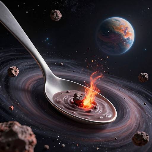 Digital art: Silver spoon with burning ember in center, surrounded by space debris, swirling vortex, and colorful planet in dark cosmos.
