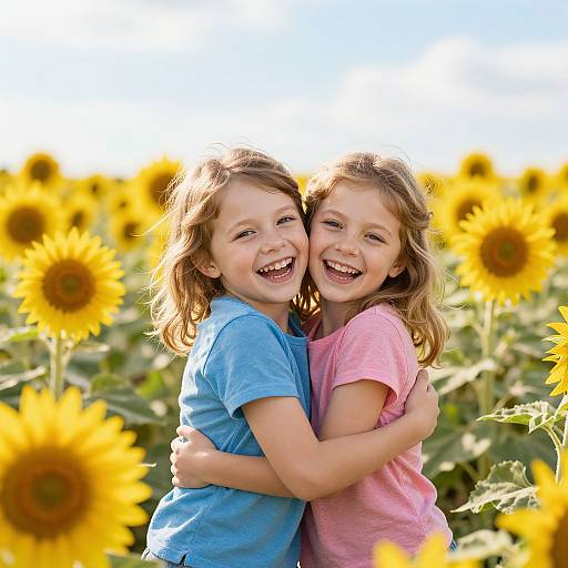 Photograph of two smiling young girls, one in blue shirt and one in pink, hugging each other in a sunflower field.