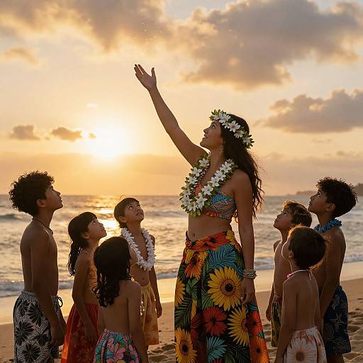 Photograph of a tropical sunset beach scene: a woman in a sunflower-patterned dress and flower crown, leading six children in flower leis,