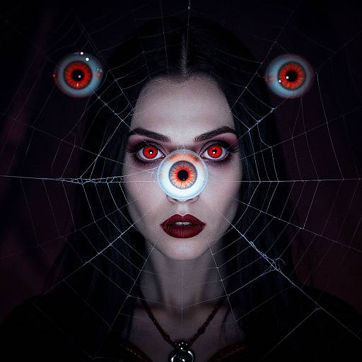 Digital art of a pale woman with red eyes, dark lipstick, and a spiderweb of red eyes around her face against a dark background.