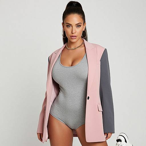 Photograph of a curvy woman with dark skin and high ponytail, wearing a pink and navy blazer over a gray bodysuit, gold