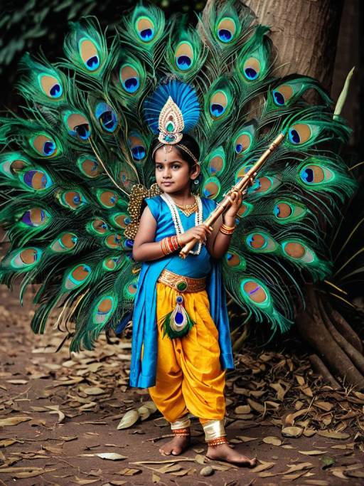 Child in Krishna Costume with Peacock Feathers and Flute
