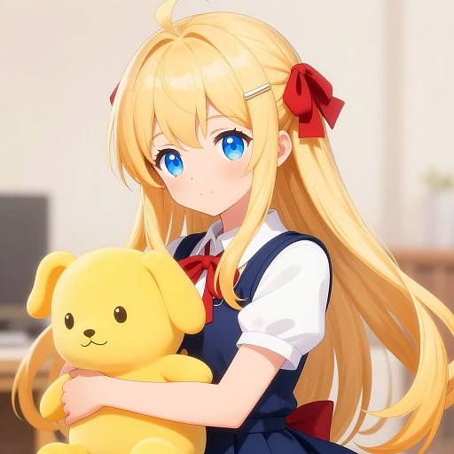 Anime Girl with Blonde Hair and Plush Toy