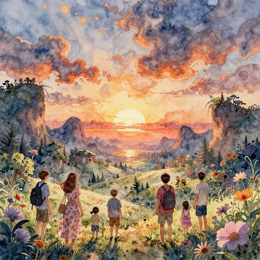 Digital Watercolor Sunset Over Fantasy Valley