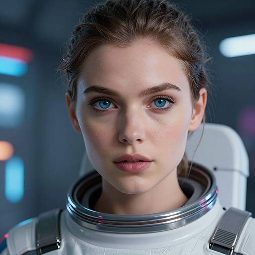 CGI image of a young woman with blue eyes, fair skin, and brown hair in a spacesuit, gazing forward in a futuristic, dim