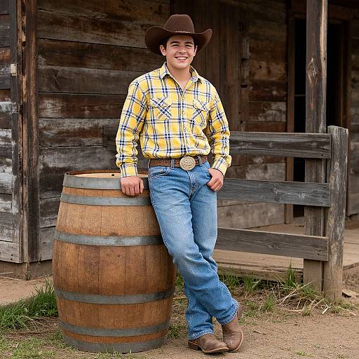 Photograph of smiling young man in yellow plaid shirt, blue jeans, brown cowboy hat, leaning on wooden barrel, rustic wooden building background.