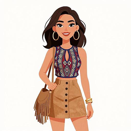 Digital illustration of a stylish woman with dark hair, wearing a patterned crop top, high-waisted tan button-up skirt, large hoop earrings,