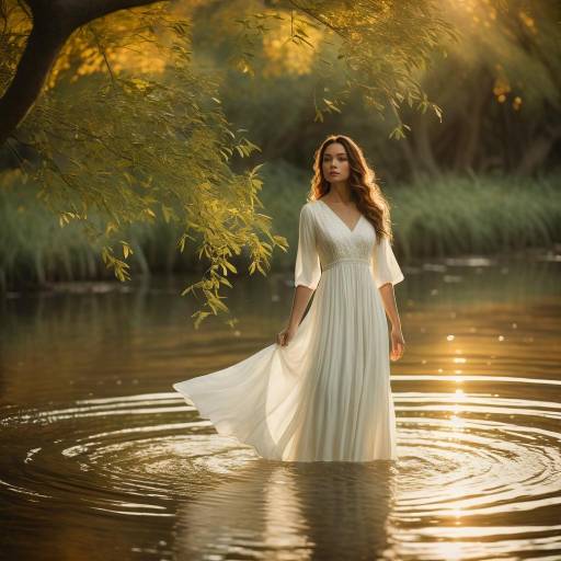 Woman in White Dress Standing in Water at Golden Hour