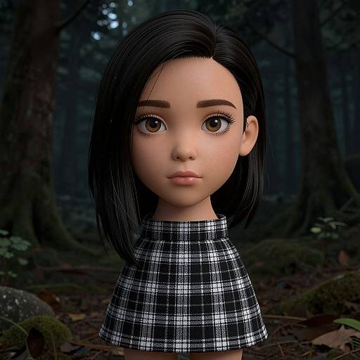 CGI portrait of a young Asian girl with large, expressive eyes, black bob hair, and a black-and-white plaid collar, standing in a