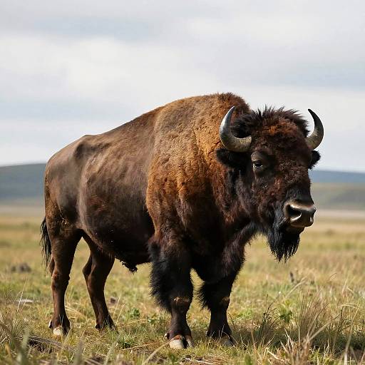 Photograph of a large, dark brown bison with thick fur, prominent horns, and a black beard, standing in a grassy plains field under