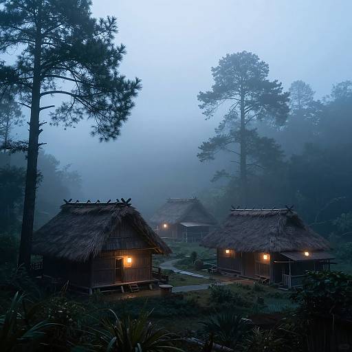 Misty Dawn Village with Lanterns