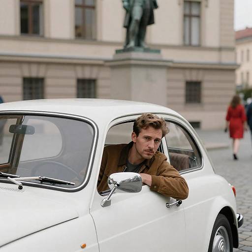 Vintage White Car by Stone Statue