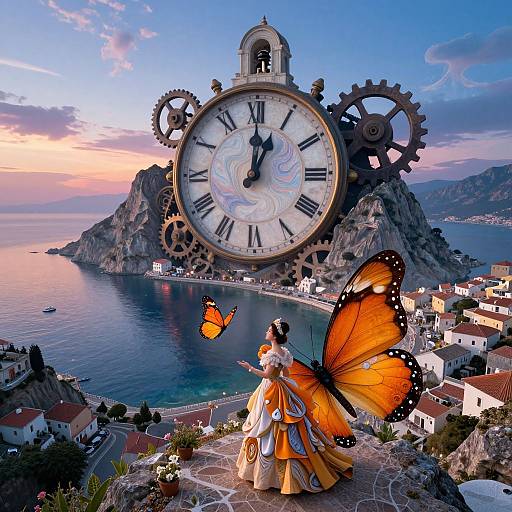 Photograph: Giant clock with gears, ornate butterfly statue, and orange monarch butterfly over coastal Italian village at sunset.