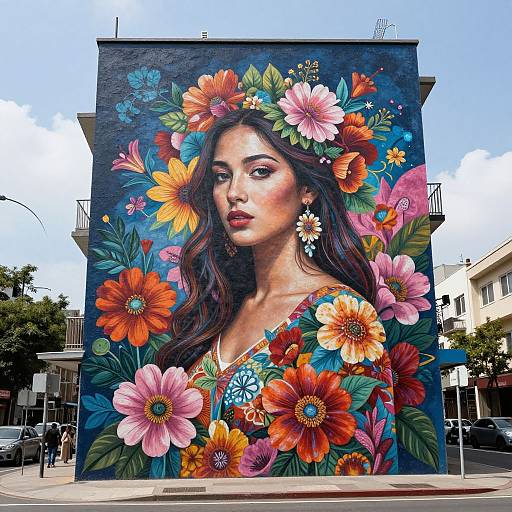 Vibrant street mural of a dark-haired woman surrounded by colorful flowers in a cityscape; realistic, detailed, and striking.