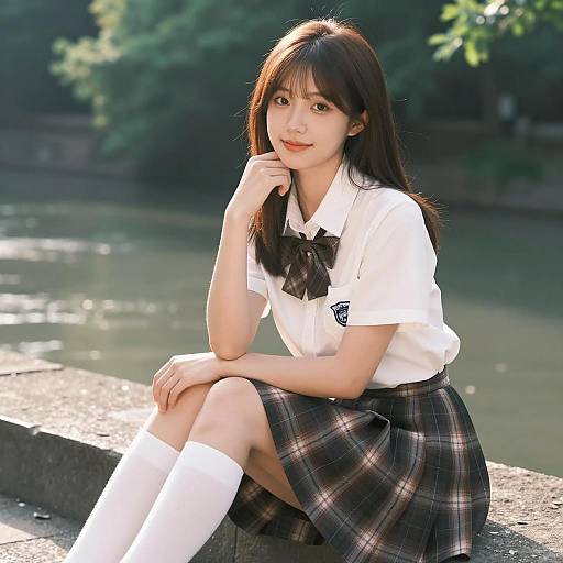 Asian Schoolgirl Sitting by River