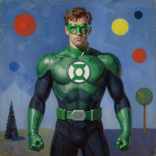 Digital painting of a muscular, curly-haired man in a green and black superhero suit with glowing emblem, green mask, and gloves, standing against a blue