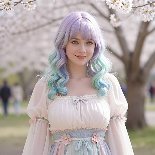 Photograph of a smiling young woman with pastel purple and blue wavy hair, wearing a white off-shoulder dress with floral accents, standing