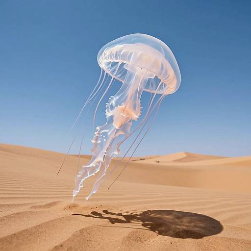 Photograph of a translucent white jellyfish with long, flowing tendrils floating above golden sand dunes under a clear, vivid blue sky.