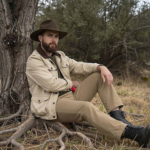 Bearded Man Sitting by Tree in Nature