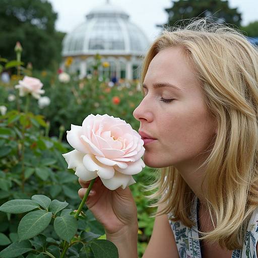 Photograph of a blonde woman with fair skin, closed eyes, and light pink roses in a lush garden, smelling a bloom. Background includes a white