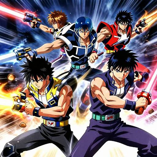 Digital anime artwork of five muscular, spiky-haired male fighters with glowing weapons, dynamic poses, and vibrant, action-packed background.