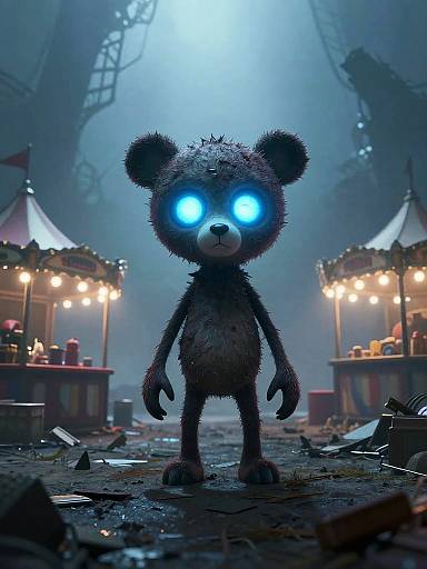CGI image of a glowing blue-eyed, spiky-furred teddy bear standing in a foggy, ruined carnival with broken carnival booths.