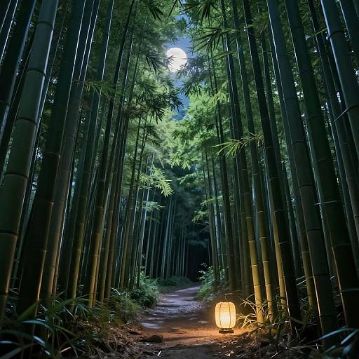 Photograph of a moonlit bamboo forest with tall, dark green bamboo stalks, a glowing lantern on a dirt path, and dense foliage.