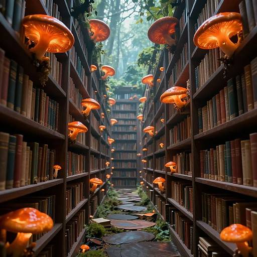 Photograph of a library aisle with glowing orange mushrooms hanging from bookshelves, leading to a mossy path and forest view.
