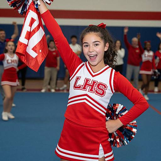 Photograph of a smiling Latina cheerleader with curly hair, wearing a red and white 