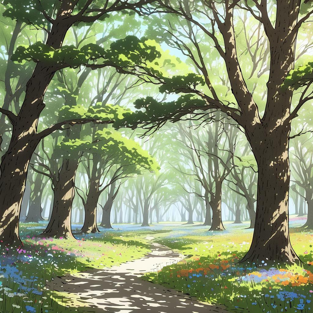 Hand-Drawn Ancient Oak Forest Scene