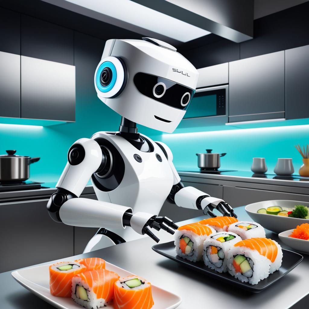 Playful Robot Chef Making Sushi Delight