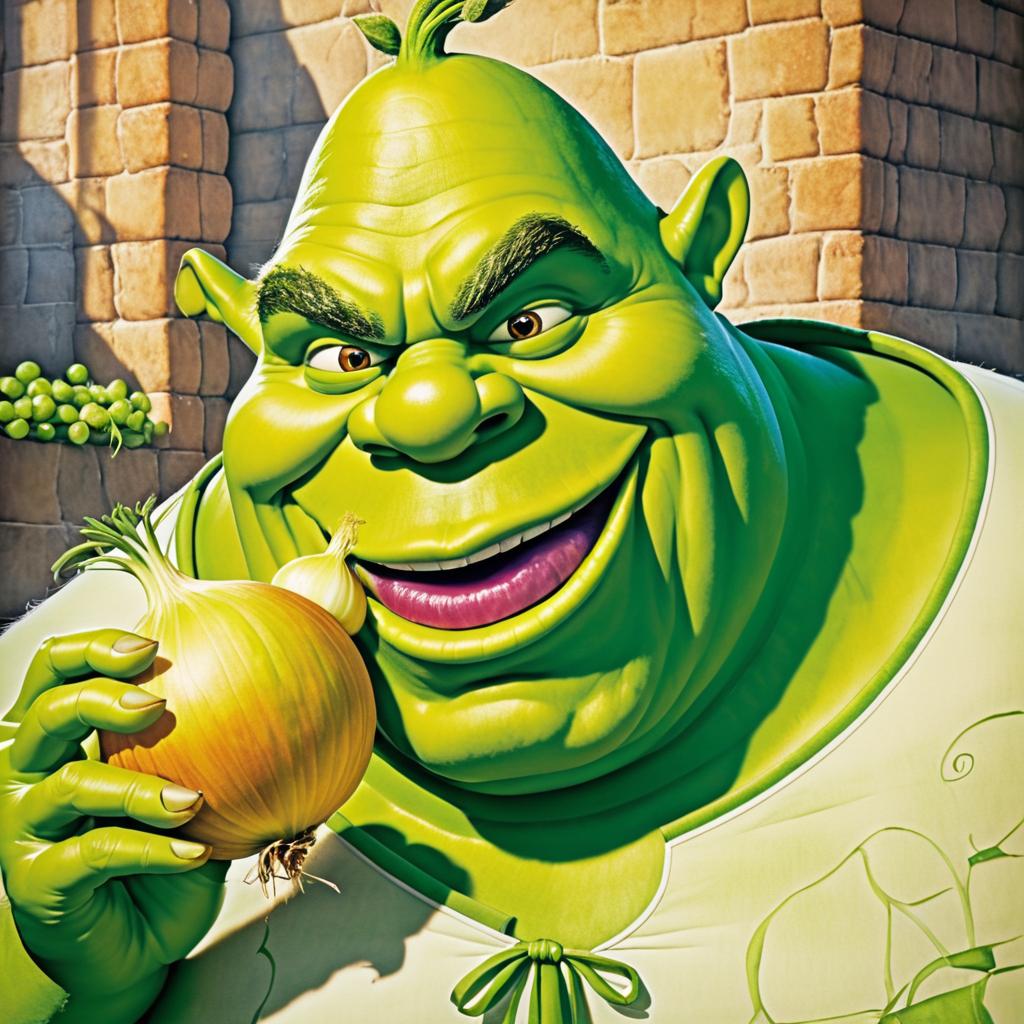 Whimsical Lithograph of Shrek Enjoying Onions