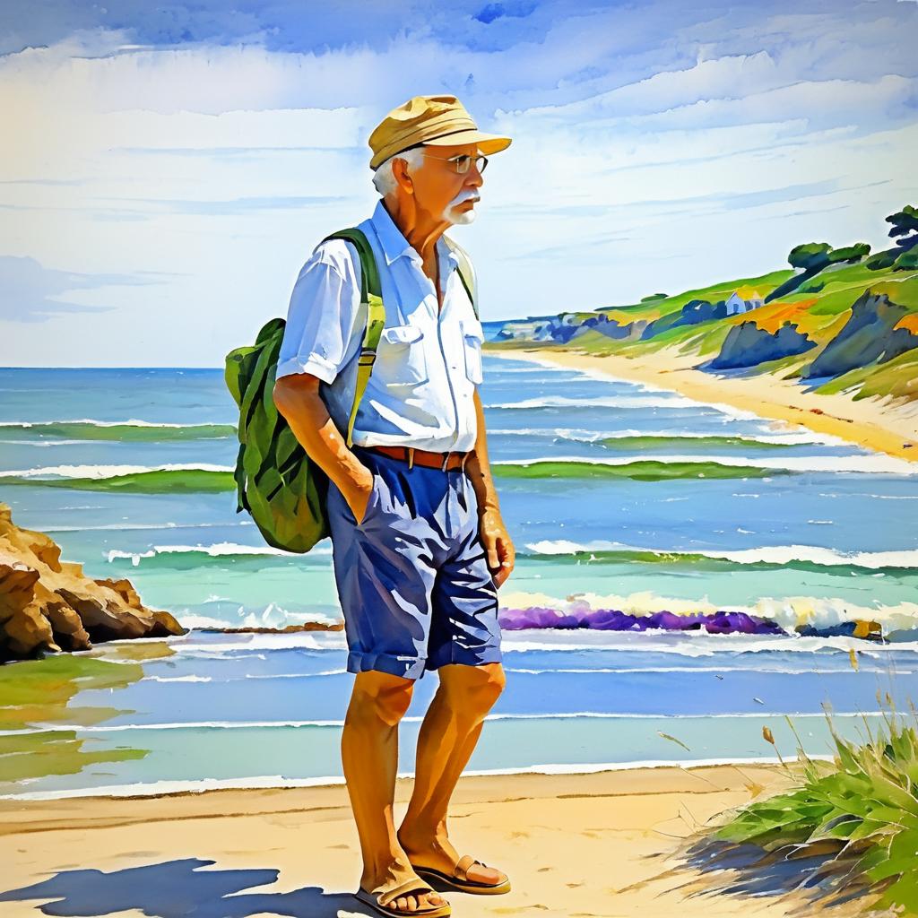 Impressionist Beach Scene with Thoughtful Man