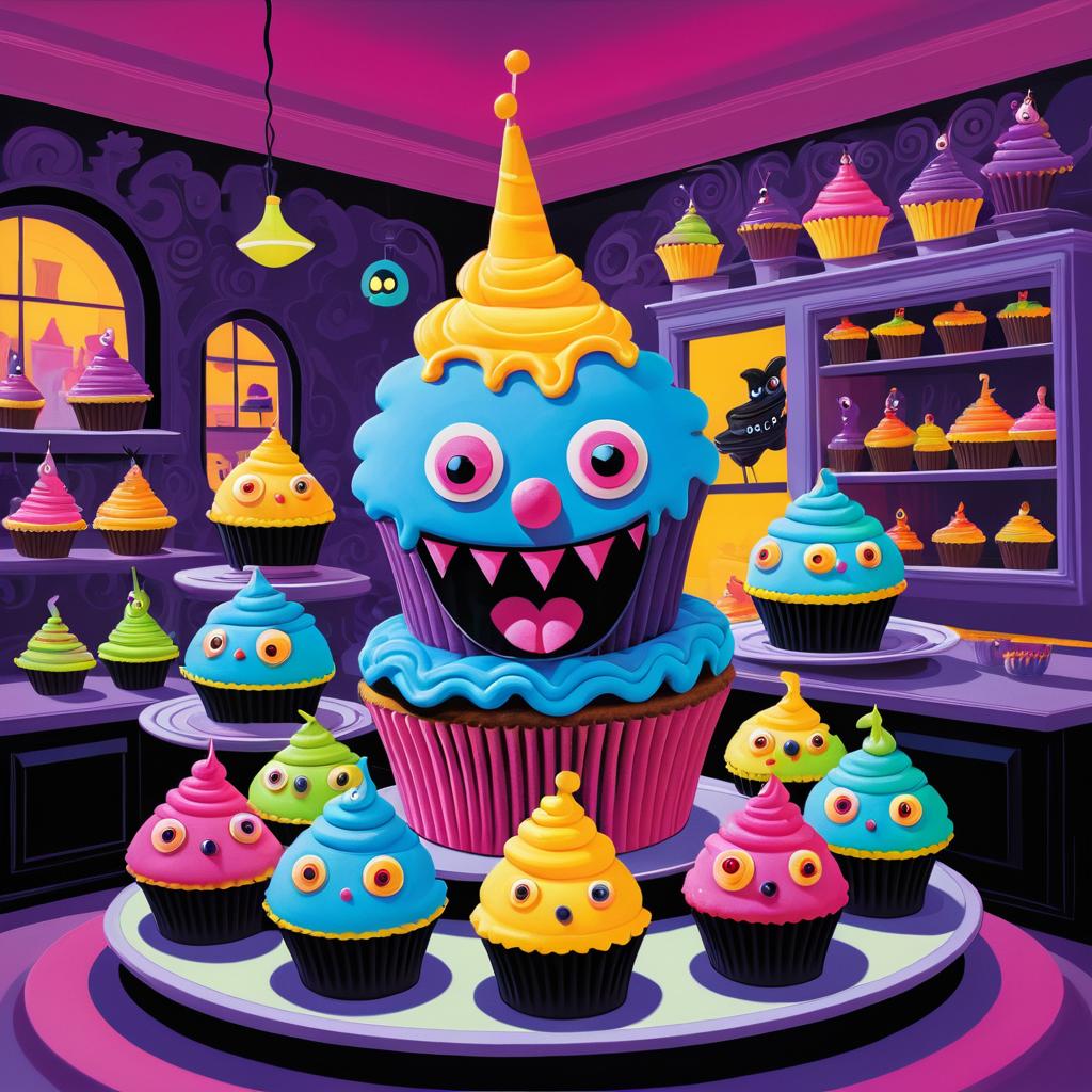 Whimsical Cupcake Monster in Spooky Bakery