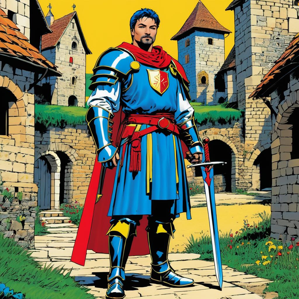 Comic Style Knight in Medieval Village