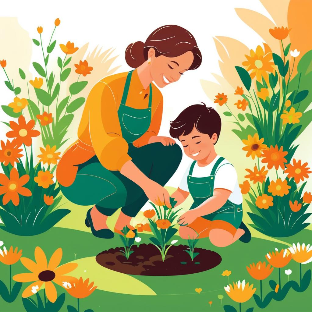 Heartwarming Mother-Son Gardening Scene