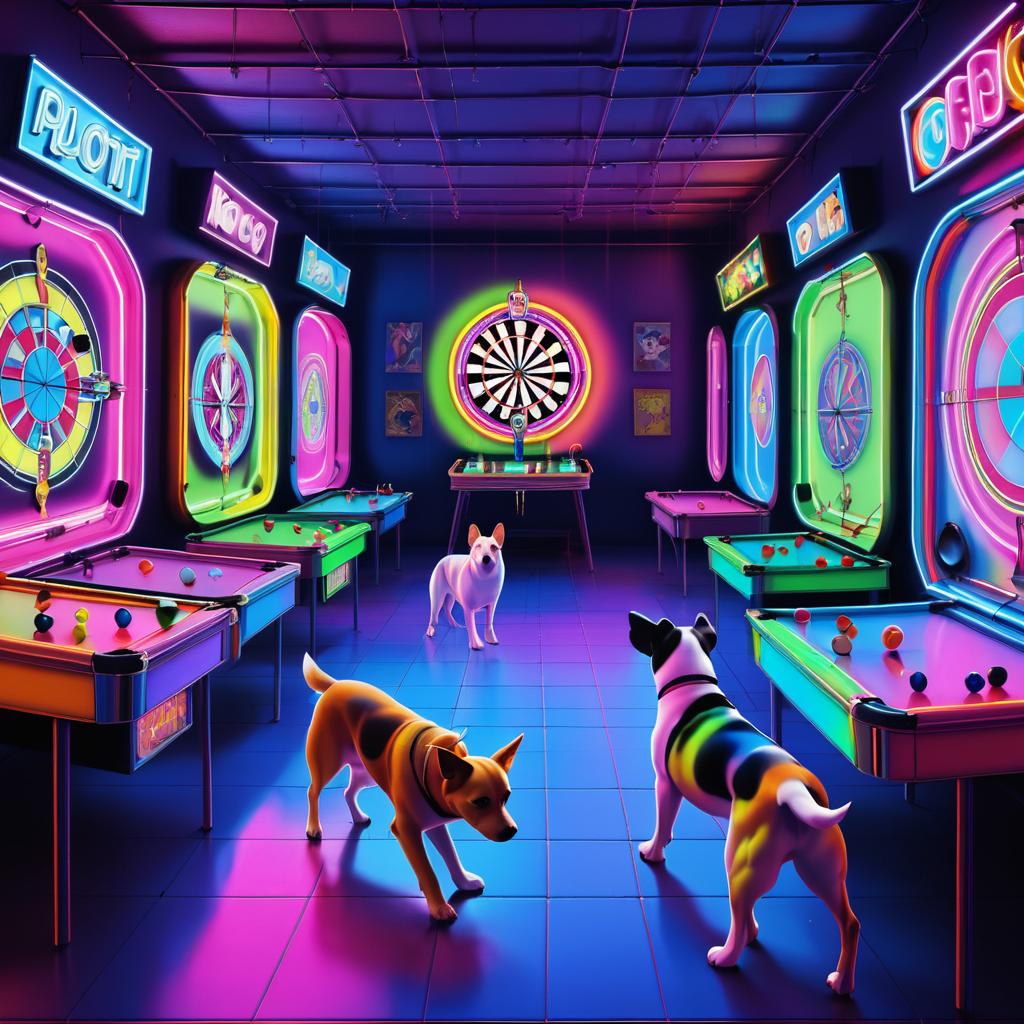 Dogs Enjoying Darts in Neon Arcade