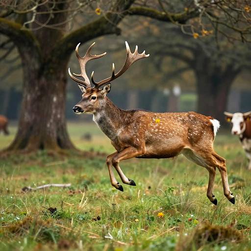 Photograph of a brown deer with large antlers running through a grassy forest clearing, with blurred trees and a white cow in the background. Autumn
