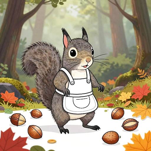 Digital illustration of a cute, anthropomorphic gray squirrel wearing a white apron, standing in an autumn forest with scattered acorns and colorful leaves.
