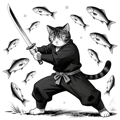 Noir Ninja Cat Slicing Flying Fish
