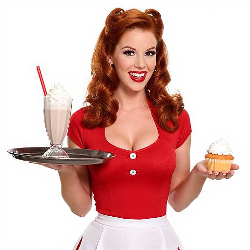 Vintage-style photograph of a smiling redhead woman in a red top and white skirt, holding a tray with milkshake and cupcake.