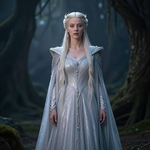 Digital fantasy photograph of a pale-skinned, blonde woman with long hair, wearing a silver, ornate gown and crown, standing in a dark,