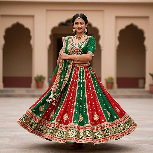 Photograph of a smiling Indian woman in a traditional green and red lehenga with gold embroidery, standing in a courtyard with arches. She wears gold