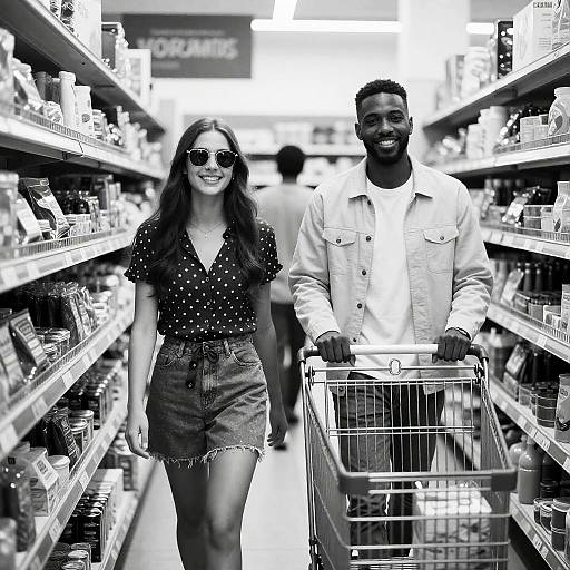 Joyful Shopping Scene in Black and White