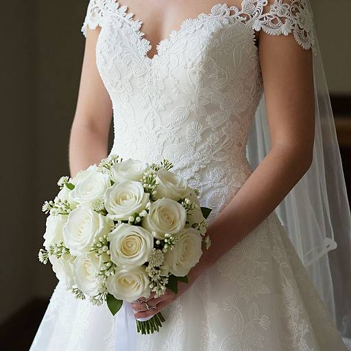 Photograph of a bride in a lace white wedding dress, holding a bouquet of white roses and small white flowers.