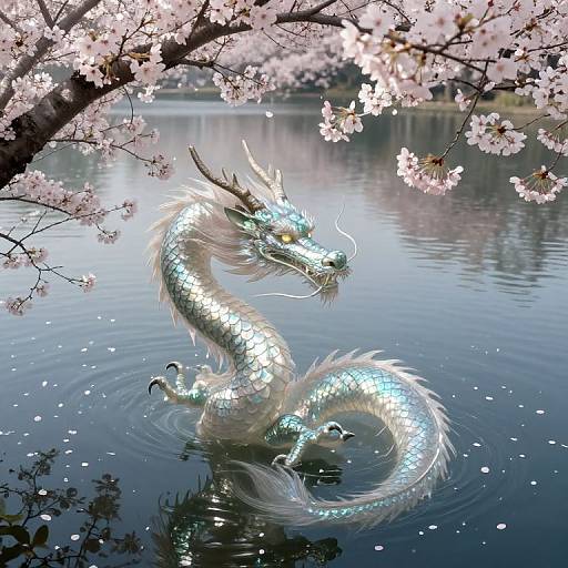 Digital art: Shimmering silver dragon with long, flowing mane swims gracefully in a serene pond, surrounded by blooming cherry blossoms.