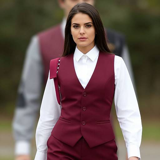 Photograph of a confident woman with long black hair, wearing a maroon vest over a white shirt, standing outdoors with a blurred background.