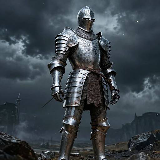 Digital art: Silhouetted armored knight in gleaming steel armor, standing tall in a stormy, dark, rocky landscape with distant ruins.