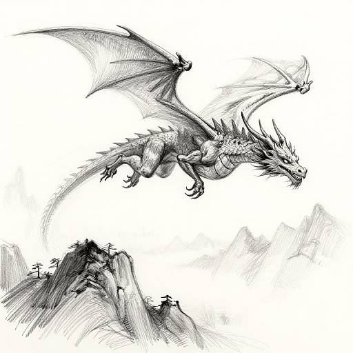 Monochromatic pencil drawing of a fierce, flying dragon with spiked back, outstretched wings, and sharp claws, soaring above a rocky cliff.