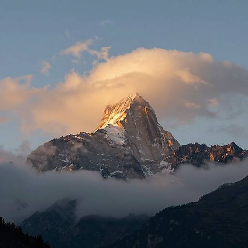 Photograph of a sunlit, snow-capped mountain peak glowing golden, shrouded by clouds, with dark forested slopes in the foreground.